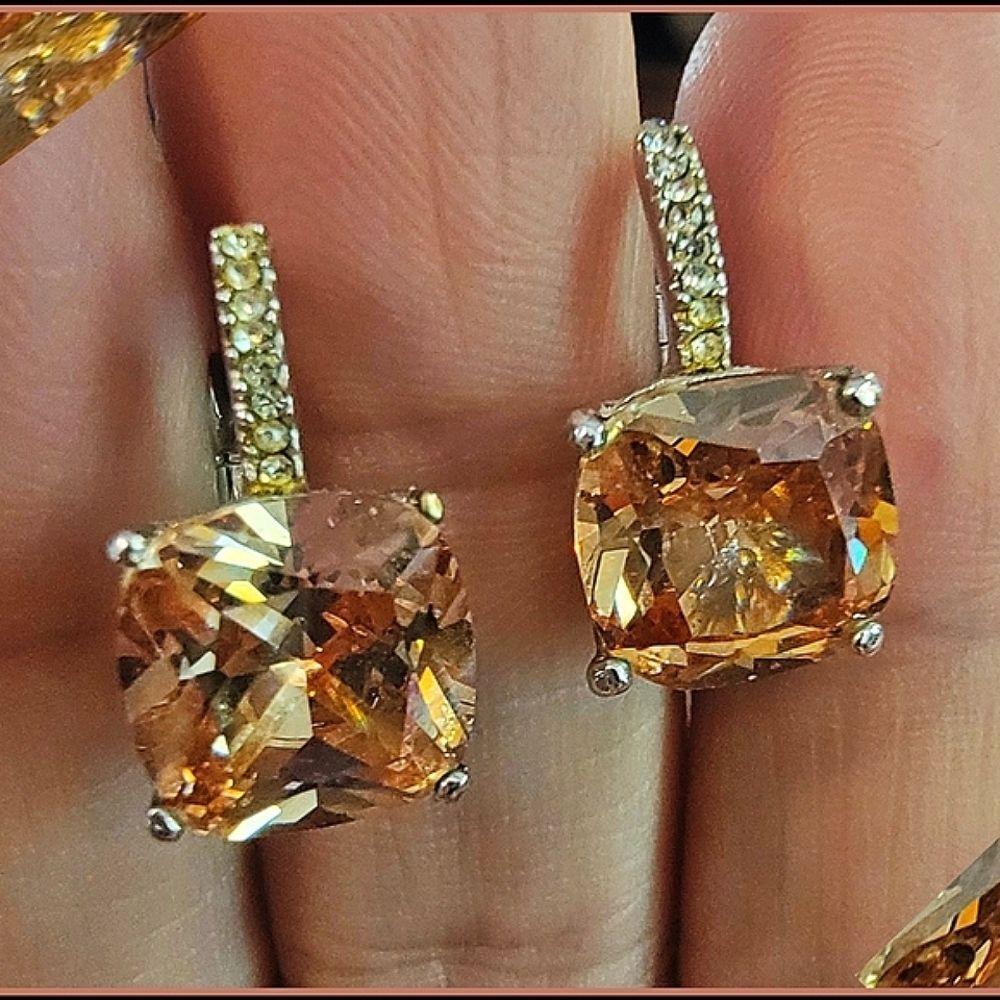 9mm Square Cut Apricot Champagne CZ Rhodium Plate Drop Earrings 0.75" long #NWOT